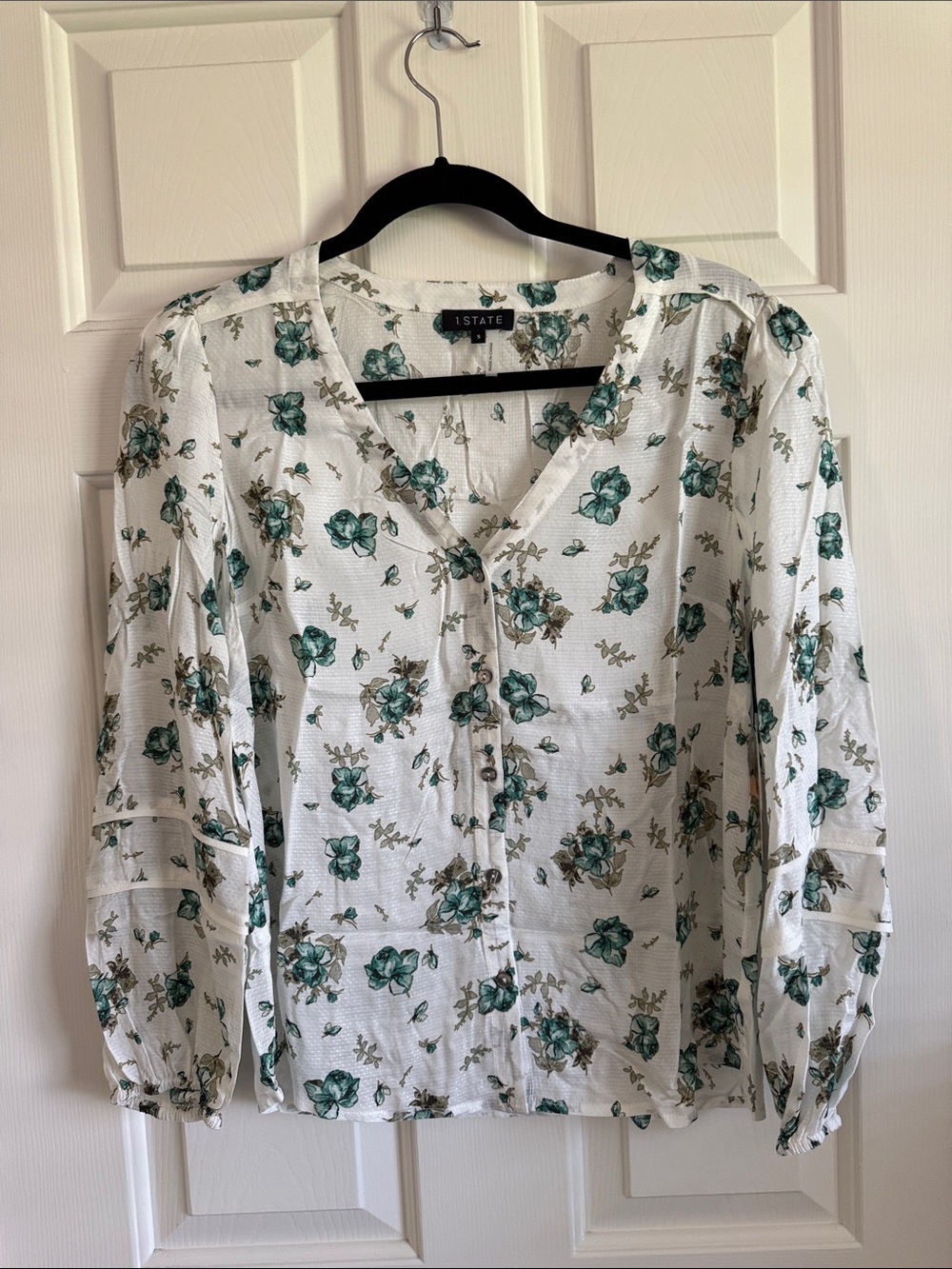 1. State White Blouse with Green Floral Print